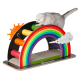 Eine verspielte graue Katze mit rundem Gesicht, die auf einem bunten, regenbogenförmigen Kratzbaum läuft, der lebendige Schaumstoffrollen und ein Sonnendesign aufweist.