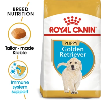 Royal Canin Puppy Golden Retriever dog food bag featuring breed-specific nutrition, tailored kibble, and immune system support icons.