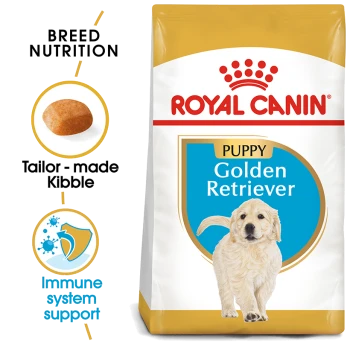Royal Canin Puppy Golden Retriever dog food bag featuring breed-specific nutrition, tailored kibble, and immune system support icons.