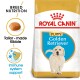 Royal Canin Puppy Golden Retriever dog food bag featuring breed-specific nutrition, tailored kibble, and immune system support icons.