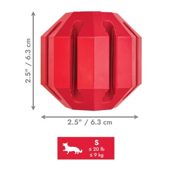 Roter facettierter Leckerli-spendender Hundespielzeugball, 2,5 Zoll / 6,3 cm, gekennzeichnet mit S (≤ 20 lb / ≤ 9 kg)