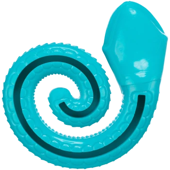 Ein leuchtend türkisfarbener Gummitierchen-Oktopus mit spiralförmigem Tentakeldesign, ideal für das Spielen mit Haustieren.