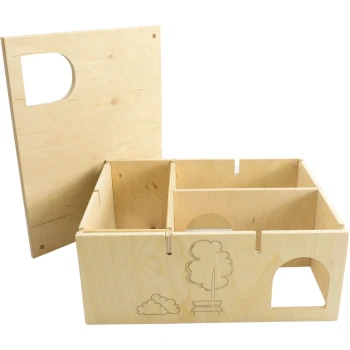 Holzspielzeug-Aufbewahrungsbox für Haustiere mit drei Fächern und einem abnehmbaren Deckel, mit einem Baum- und Wolkendesign.
