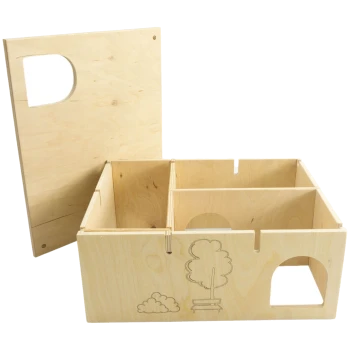 Holzspielzeug-Aufbewahrungsbox für Haustiere mit drei Fächern und einem abnehmbaren Deckel, mit einem Baum- und Wolkendesign.
