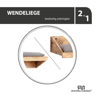 Holz-Haustierbett mit einem grauen Kissen, beschriftet mit "WENDELIEGE 2 IN 1" und "beidseitig anbringbar", das zwei verstellbare Positionen zeigt.