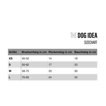 Größentabelle für Hundebekleidung von "The Dog Idea", die Größen XS bis L mit entsprechenden Brust-, Rücken- und Bauchmaßen in cm auflistet.