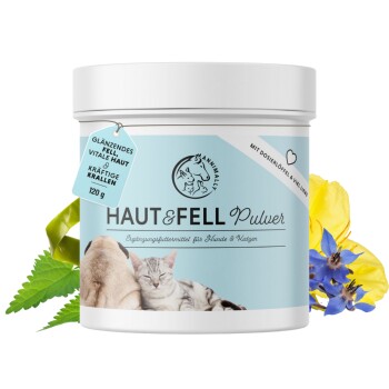 Behälter mit "HAUT&FELL Pulver" Haustierergänzung für Hunde und Katzen, mit einem hellblauen Etikett und grünen Blättern und Blumen.