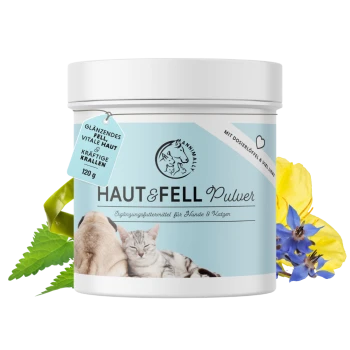 Behälter mit "HAUT&FELL Pulver" Haustierergänzung für Hunde und Katzen, mit einem hellblauen Etikett und grünen Blättern und Blumen.