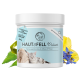 Behälter mit "HAUT&FELL Pulver" Haustierergänzung für Hunde und Katzen, mit einem hellblauen Etikett und grünen Blättern und Blumen.