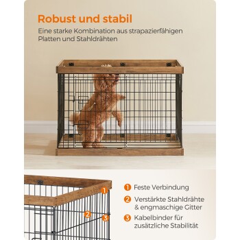 Eine robuste Hundebox mit einer Holzoberseite und Metallseiten, in der ein kleiner Hund untergebracht ist. Der Text: "Robust und stabil" hebt die starke Bauweise hervor.
