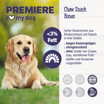 Golden Retriever auf Gras, sieht fröhlich aus neben einer Produktbeschreibung für "Kau Snack Knochen", die fettarm und natürliche Zutaten hervorhebt.
