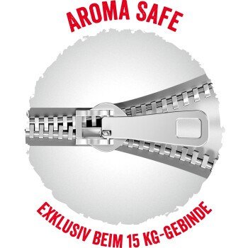 Eine Nahaufnahme eines silbernen Reißverschlusses mit dem Text "AROMA SAFE" in fettem Rot darüber und "EXKLUSIV BEIM 15 KG-GEBINDE" in Rot darunter.