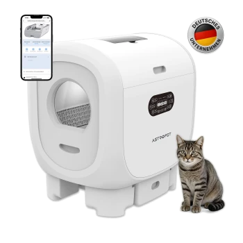 Weiße ASTROPET automatische selbstreinigende Katzentoilette mit Bedienfeld, Smartphone-App, deutschem Firmenlogo und einem getigerten Kater daneben.