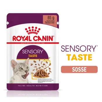 Royal Canin Sensory Taste Katzenfutterbeutel, 85g, mit dem Gesicht einer Katze, Stückchen in Soße und Text, der die sensorische Stimulation hervorhebt.