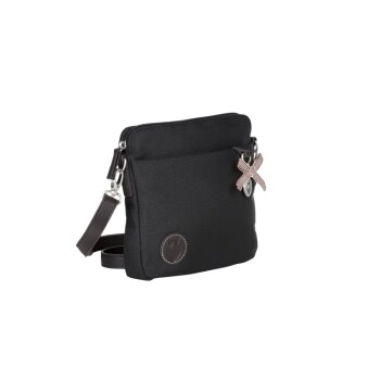 Schwarze Haustierzubehör-Tasche mit einem Reißverschluss, mit einem dekorativen Anhänger und einem Schultergurt.