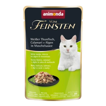 Katzenfutterbeutel mit einer weißen Katze, beschriftet mit "animonda vom Feinsten," mit Zutaten: weißer Thunfisch, Tintenfisch und Algen in Muschelsauce.