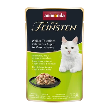 Pochette de nourriture pour chats avec un chat blanc, étiquetée "animonda vom Feinsten," avec des ingrédients : thon blanc, calamars et algues dans une sauce de moules.