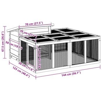 Drahtgitter-Tiergehege mit Holzrahmen, Maße 144x123x67,5 cm, mit mehreren klappbaren Dachpaneelen.