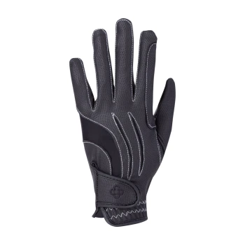 Schwarze Haustierpflegehandschuh mit strukturiertem Griff und weißen Nähten, mit einem sicheren Handgelenkband für eine verstellbare Passform.