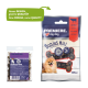 Emballage de friandises pour chiens avec la marque "Première. J'aime mon chien," "Bonies Mini," et une image de Pomeranian, mettant en avant le nouveau design et la qualité.