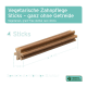 100% natürliche Zahnpflege-Sticks ohne Getreide, in einem Stapel von sechs präsentiert, jeder etwa 10 cm lang.