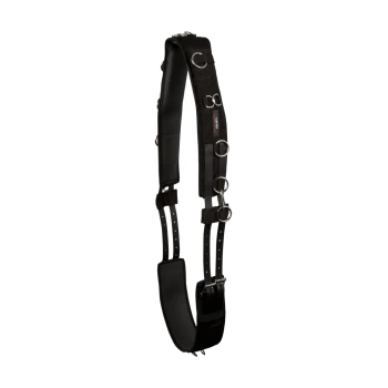 Schwarzes, verstellbares Hundegeschirr mit mehreren Metall-D-Ringen und gepolstertem Halt für Komfort. Ideal für Training und Spaziergänge.