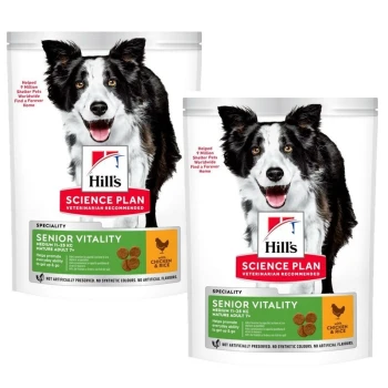 Zwei Tüten Hill's Science Plan Senior Vitality Hundefutter mit einem lächelnden Border Collie auf der Vorderseite, beschriftet "Huhn & Reis."