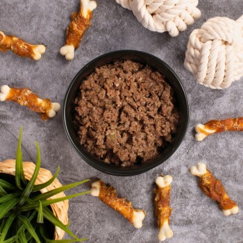 Eine schwarze Schüssel, gefüllt mit feuchtem Haustierfutter, steht auf einer grauen Oberfläche, umgeben von Hundeleckerlis in Form von Knochen und einer kleinen Pflanze.