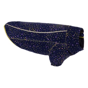 Ein gemütlicher Hundepullover aus marineblauem Fleece, mit bunten Punkten in Pink, Gelb und Grün, mit gelbem Saum.