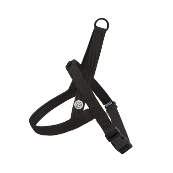 Schwarzes Haustiergeschirr mit verstellbaren Riemen und einem Schnellverschluss, entworfen für Komfort und Sicherheit.