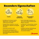 Gelbes Josera-Panel 'Besondere Eigenschaften' mit drei Symbolen: Familie; Optimale Entwicklung; Einweichbare Krokette