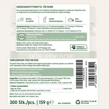 Hundesupplement mit Grünlippmuschel-Pulver in Kapseln für die Gelenkgesundheit, mit Glycosaminoglykanen und Omega-3-Fettsäuren.