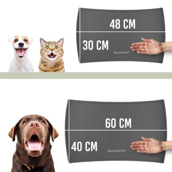 Futtermatte für Haustiere mit zwei stilvollen grauen Schalen, die Kundenbewertungen und eine Fünf-Sterne-Bewertung zeigt und Sauberkeit sowie Benutzerfreundlichkeit fördert.