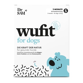 Verpackung für Dr. SAMs "wufit for dogs", entworfen für Hunde unter 20 kg, fördert natürliche Unterstützung für die Verdauungs- und Immungesundheit.