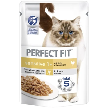 Sensitive 1+ 12x85g Huhn Ein Katzenfutterbeutel mit einer flauschigen Katze mit blauen Augen, beschriftet mit "PERFECT FIT sensitive 1+ mit Huhn," mit einem Teller Futter und Nährwertangaben.
