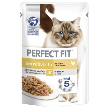 Ein Katzenfutterbeutel mit einer flauschigen Katze mit blauen Augen, beschriftet mit "PERFECT FIT sensitive 1+ mit Huhn," mit einem Teller Futter und Nährwertangaben.