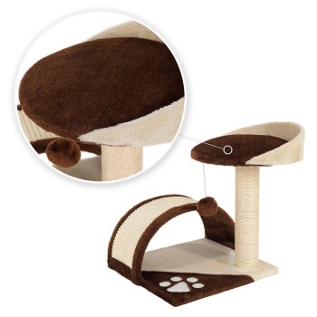 Brauner und cremefarbener Kratzbaum für Katzen mit einer plüschigen oberen Liegefläche, einem Kratzbaum und einem hängenden Pom-Pom-Spielzeug, mit einem Pfotenabdruckdesign.