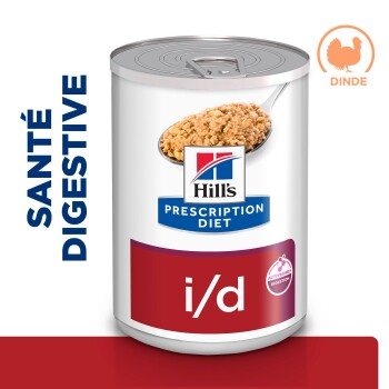 Boîte de nourriture humide Hill's Prescription Diet i/d pour la santé digestive, saveur dinde, étiquetée « Santé Digestive » et « Dinde ».
