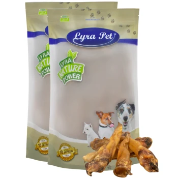 Lyra Pet Rinderohren ca. 50 g 5 kg Zwei Beutel Lyra Pet Hundeleckerlis mit der Aufschrift 'Lyra Nature Power' mit Bildern von Hunden und einer Katze, begleitet von Kaustangen im Vordergrund.