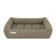 Ein plüschiges, rechteckiges Hundebett in einem sanften Taupe-Ton, mit einem gepolsterten Design und dem Logo "Doctor Bark" an der Seite.
