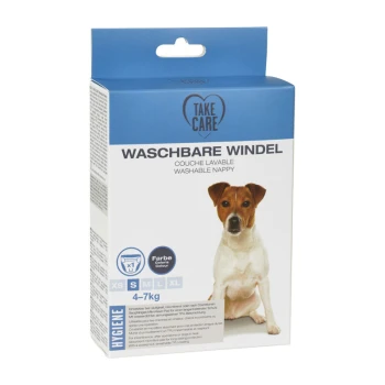 Emballage pour une couche lavable pour chien, étiquetée "Waschbare Windel," adaptée aux chiens pesant entre 4 et 7 kg, avec des options de taille XS à XL.