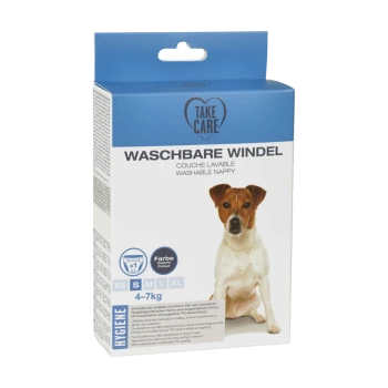 Emballage pour une couche lavable pour chien, étiquetée "Waschbare Windel," adaptée aux chiens pesant entre 4 et 7 kg, avec des options de taille XS à XL.