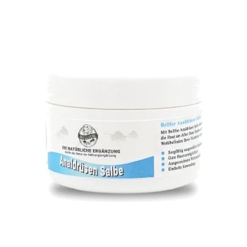 Ein weißes Glas Bellfor Analdrüsen Salbe, auf Deutsch beschriftet, entworfen für die Haustierpflege, fördert die Hautgesundheit rund um die Analdrüsen.