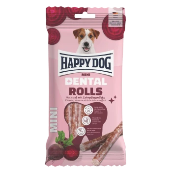 Rosa Tüte HAPPY DOG Mini Dental Rolls Hundesnacks mit lächelndem Hund, Schriftzug "Dental Rolls" und Rote-Bete-Abbildung