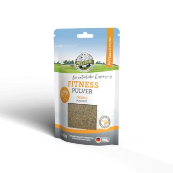 Eine Packung BELLFOR Fitness-Pulver für Haustiere, beschriftet auf Deutsch, mit einem grünen und blauen Design und einem Pfotenabdruck-Icon, Größe 80g.