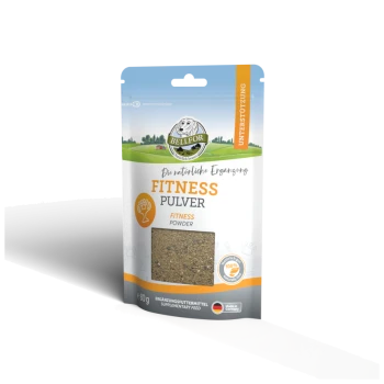 Eine Packung BELLFOR Fitness-Pulver für Haustiere, beschriftet auf Deutsch, mit einem grünen und blauen Design und einem Pfotenabdruck-Icon, Größe 80g.