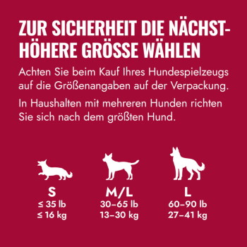 Größentabelle für Hundespielzeug: 'Wählen Sie aus Sicherheitsgründen die nächstgrößere Größe' mit S ≤35 lb (≤16 kg), M/L 30–65 lb (13–30 kg), L 60–90 lb (27–41 kg).