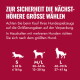 Größentabelle für Hundespielzeug: 'Wählen Sie aus Sicherheitsgründen die nächstgrößere Größe' mit S ≤35 lb (≤16 kg), M/L 30–65 lb (13–30 kg), L 60–90 lb (27–41 kg).