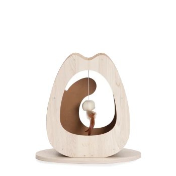 Holzspielzeug für Katzen mit einem verspielten Design, das eine hängende Kugel und eine Feder zeigt, beschriftet mit "Catit" an der Basis.