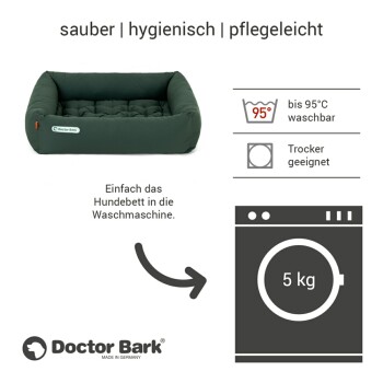 Grünes Hundebett mit der Aufschrift "Doctor Bark", maschinenwaschbar bis 95°C, trocknergeeignet, mit Anweisungen zur einfachen Reinigung.